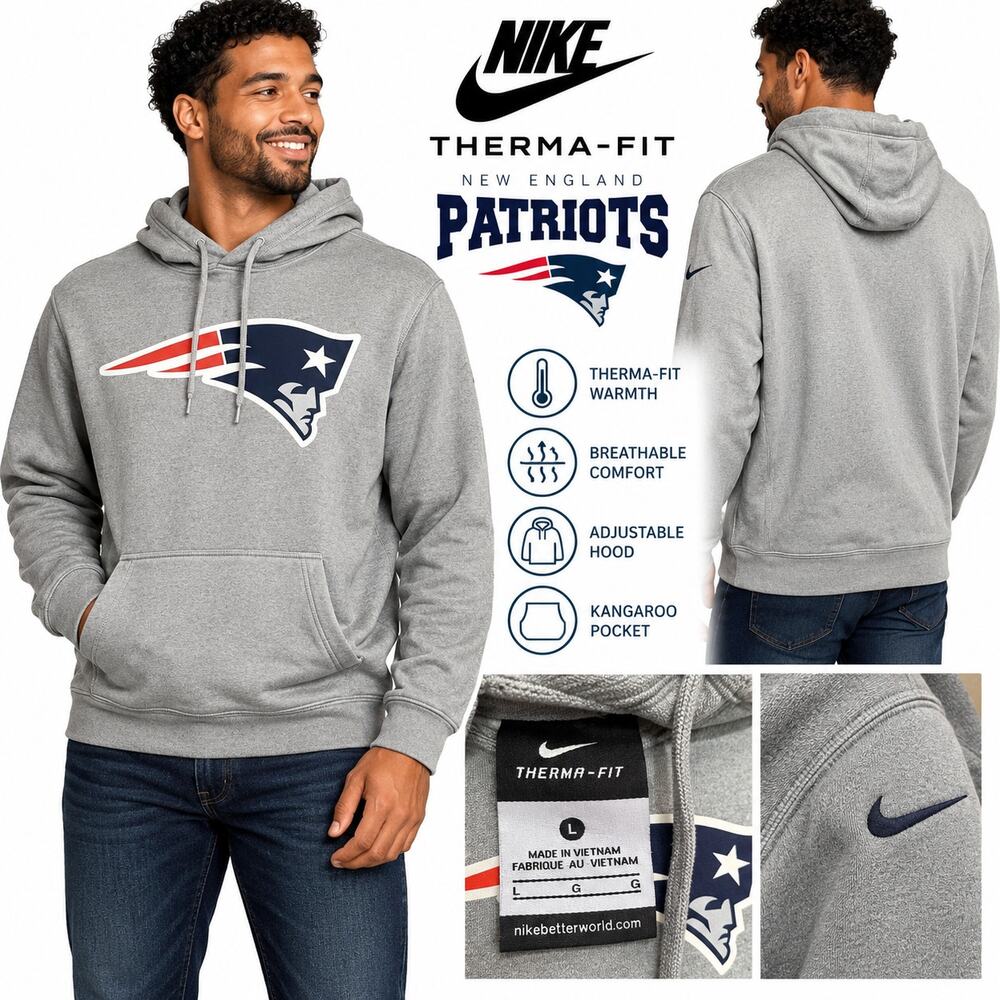 Nike New England Patriots Therma-FIT Hoodie Men's Large Gray NFL Pullover